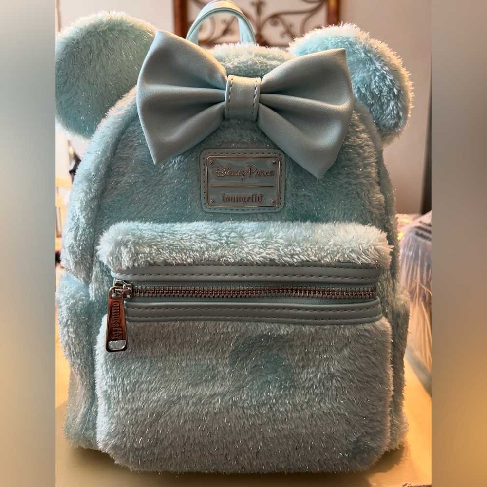 Loungefly Disney Parks Exclusive Minnie Mouse Light Blue Plush Mini Backpack